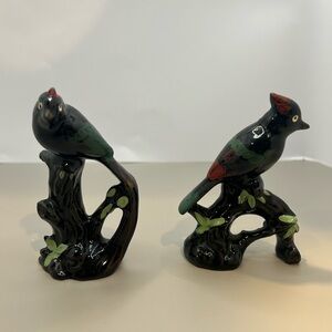 Vintage Pair Hand Painted Black Birds Shelf Decor Statue Japan - Set